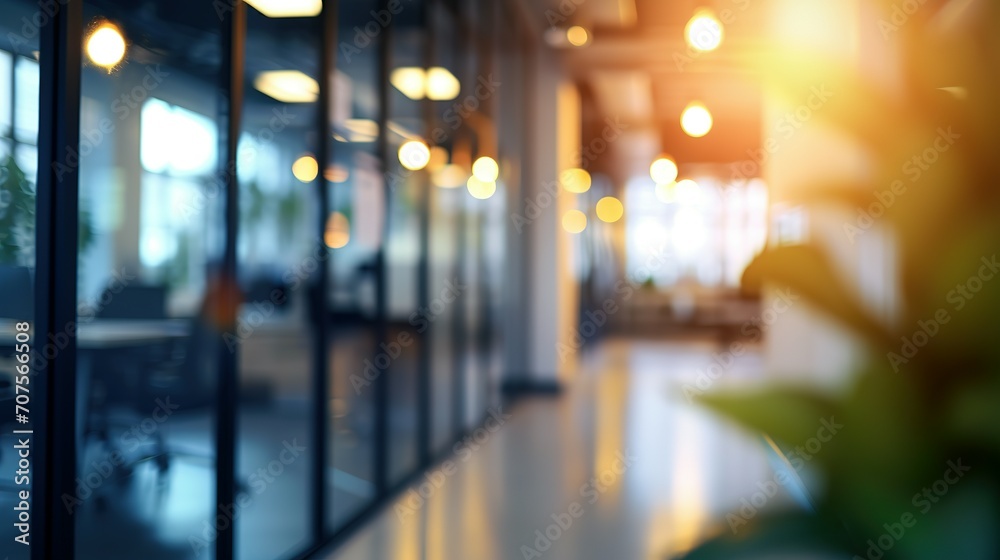 Beautiful blurred background of a light modern office interior with panoramic windows and beautiful lighting.