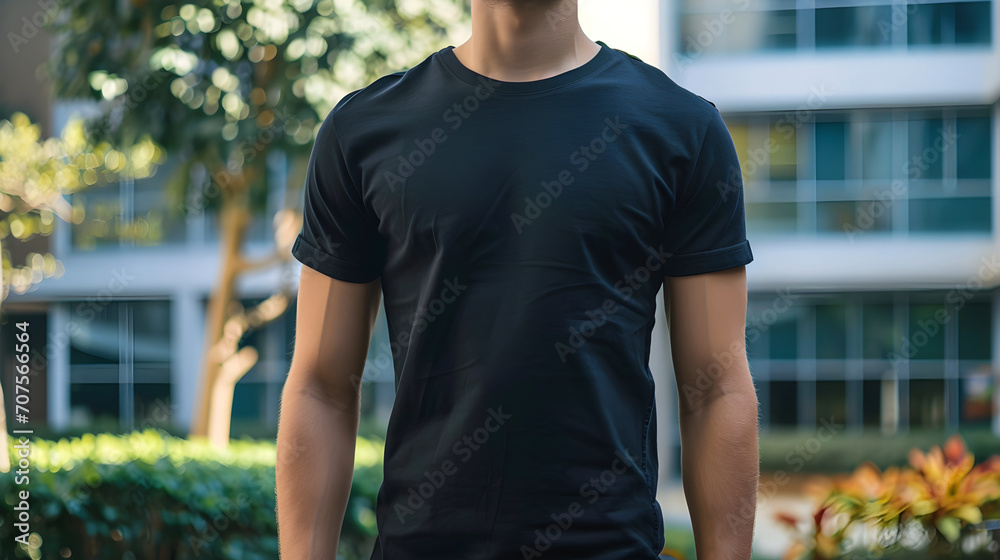 Young Model Shirt Mockup, man wearing black t-shirt in college campus in daylight, Shirt Mockup Template on hipster adult for design print, Male guy wearing casual t-shirt mockup placement Young Model Shirt Mockup, man wearing black t-shirt in college campus in daylight, Shirt Mockup Template on hipster adult for design print, Male guy wearing casual t-shirt mockup placement