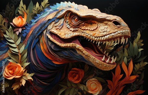 fabric stumpwork embroidery of dinosaur on forest and flowers, fantasy on  dark background. Hight detailed fabric stumpwork embroidery. © peacehunter
