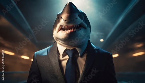 Full face shark portrait in a business suit in cinematic blue light rays, invest strategy concept illustration, fierce businessman