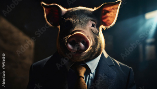 Full face pig portrait in a business suit in cinematic golden light rays, invest strategy concept illustration