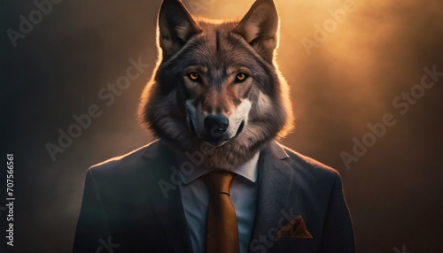 Full face brown wolf portrait in a business suit in cinematic golden light rays, invest strategy concept illustration