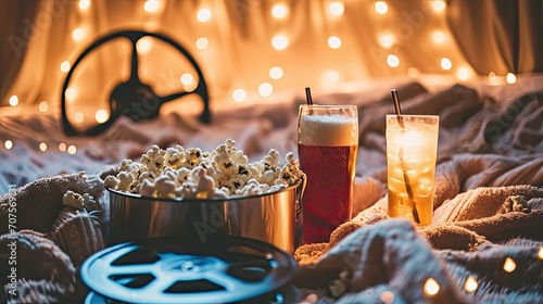 cozy movie night setup with a movie reel, a tub of popcorn, and a couple of fizzy drinks on a soft blanket  photo
