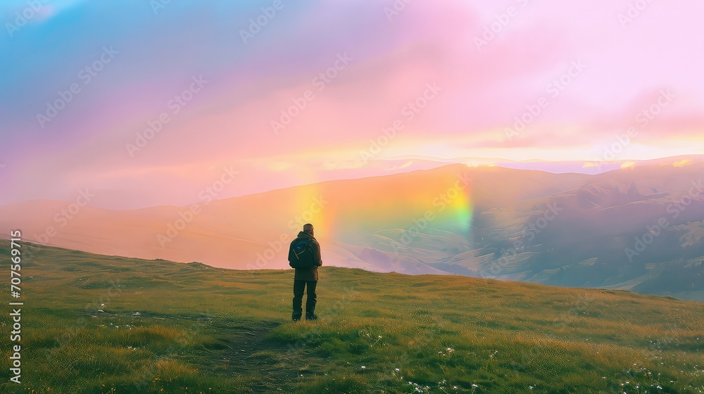 Fototapeta premium leprechaun at sunrise green slope pastel rainbow