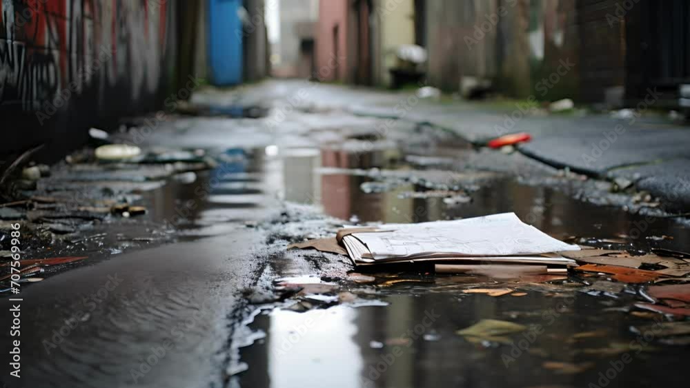 A waterlogged journal, its words now blurred and unreadable, left behind in a desolate alleyway. A waterlogged journal, its words now blurred and unreadable, left behind in a desolate alleyway.