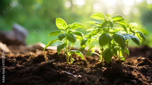 fresh basil leaves emerge from the rich garden earth, under the midday sun