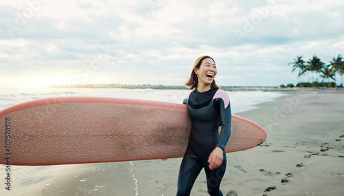 Photography Woman, surfing board and laughing at beach, sea and ocean for summer holiday, travel adventure or hobby