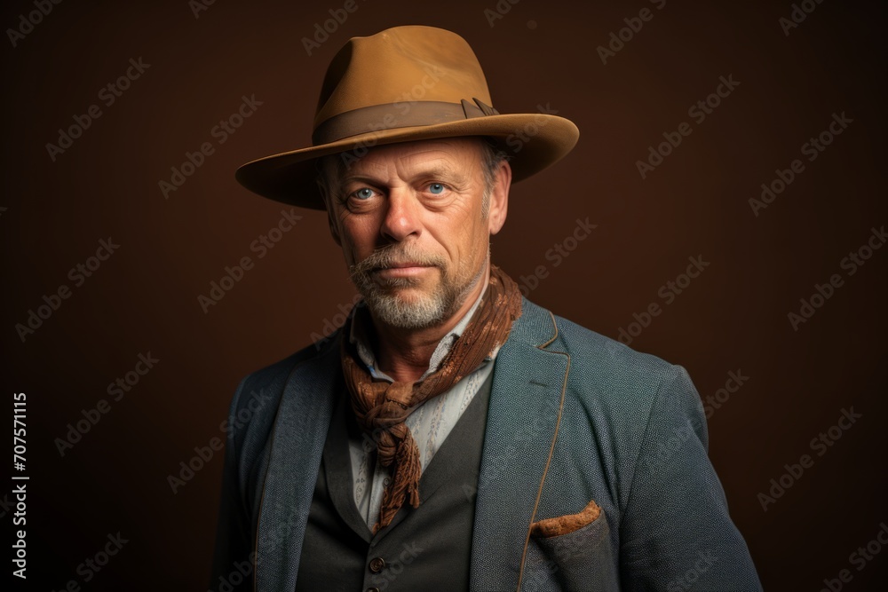 Portrait of a senior man in a hat on a dark background.