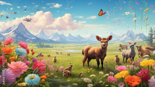 A vibrant meadow with blooming flowers, newborn animals, and a gentle spring shower Generative AI