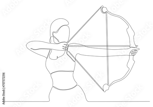One Line Drawing or Continuous Line Art A female Archery Athlete. Premium Vector Illustration