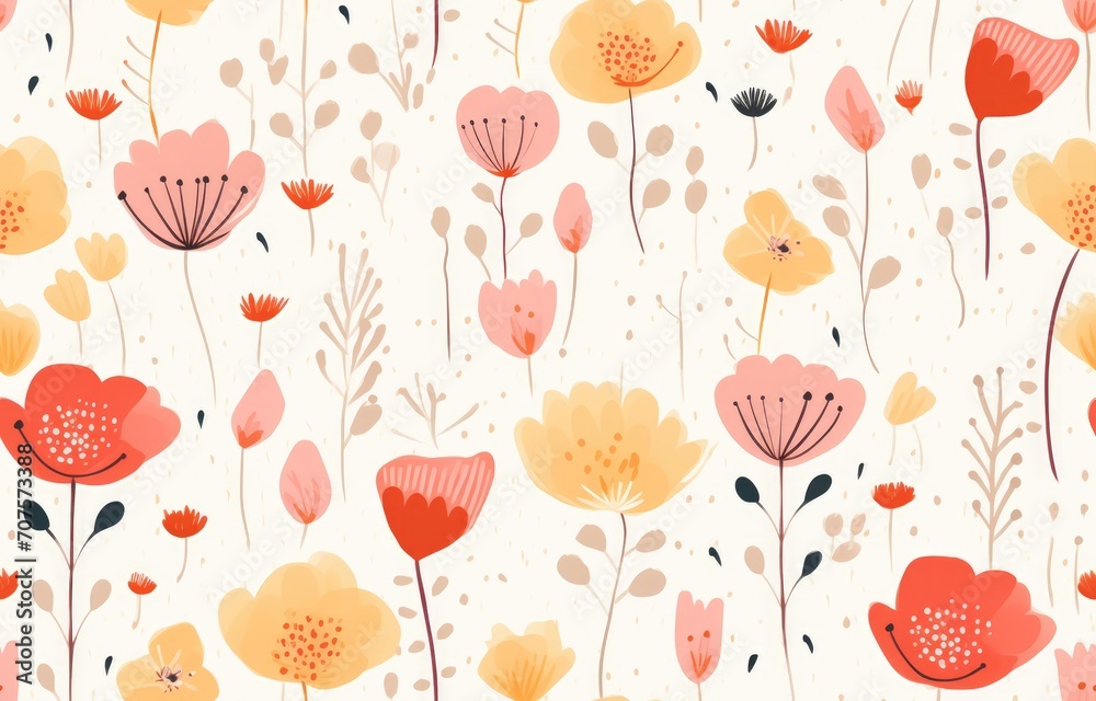 Cute seamless pattern with flowers, gentle spring summer mood hand drawn floral, Botanical backdropl Cute seamless pattern with flowers, gentle spring summer mood hand drawn floral, Botanical backdropl