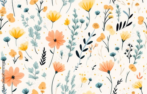 Cute seamless pattern with flowers, gentle spring summer mood hand drawn floral, Botanical backdropl