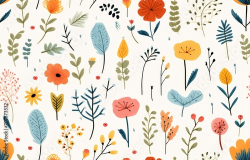 Cute seamless pattern with flowers, gentle spring summer mood hand drawn floral, Botanical backdropl