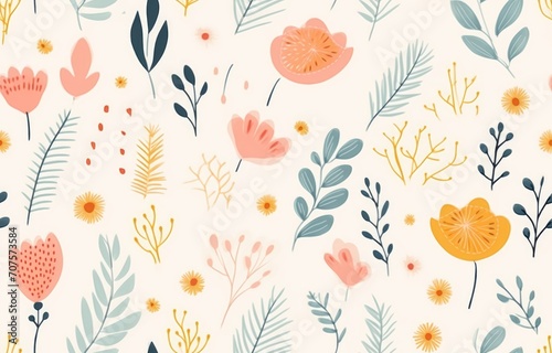Cute seamless pattern with flowers, gentle spring summer mood hand drawn floral, Botanical backdropl