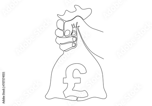 Hand holding Money bag with pondsterling Sign. continuous line drawing