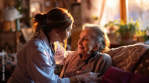 Professional care at home, A young nurse attends to a senior woman, ensuring health support and compassionate eldercare in a comfortable setting, nursing and caregiver concept 