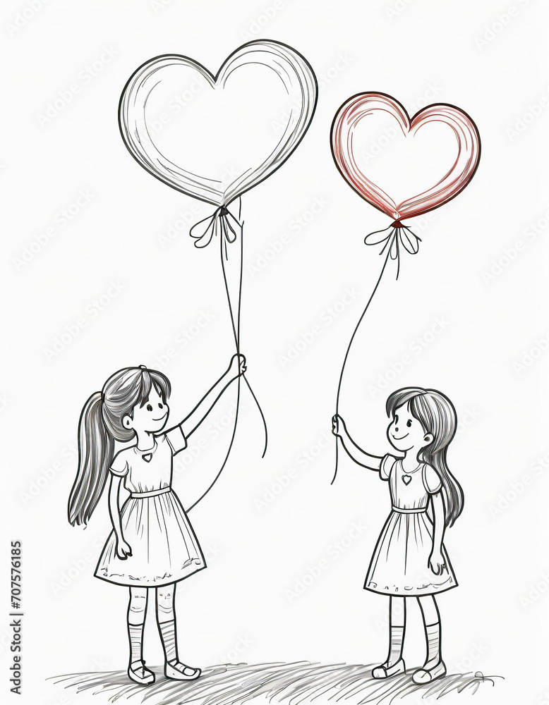 cute little girl with long hair in ponytail, she is standing next to her mother who has long hair, together they are holding a bunch of heart shaped red balloons, clip art cute little girl with long hair in ponytail, she is standing next to her mother who has long hair, together they are holding a bunch of heart shaped red balloons, clip art