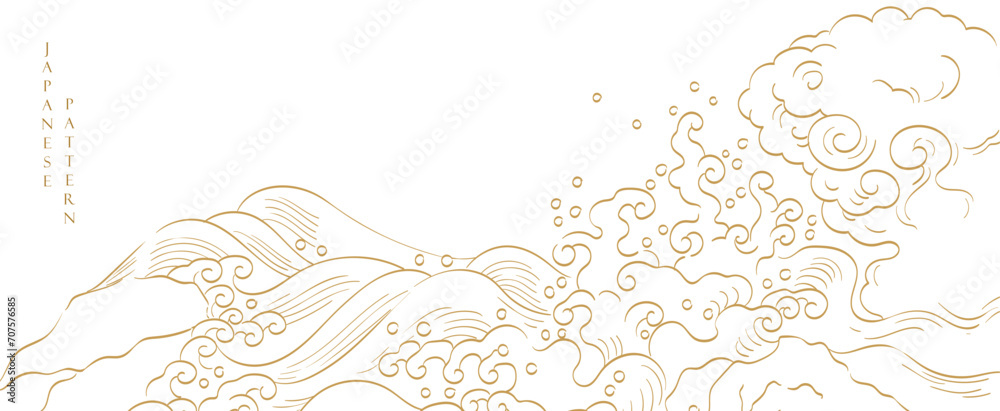 Japanese background with hand drawn wave elements vector. Gold line pattern with ocean sea object in vintage style - obrazy, fototapety, plakaty 