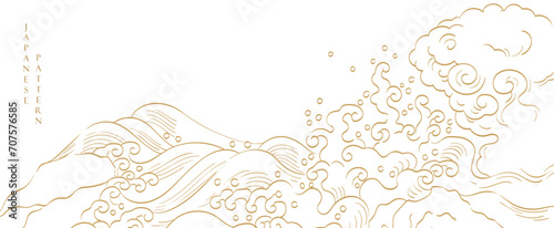 Japanese background with hand drawn wave elements vector. Gold line pattern with ocean sea object in vintage style