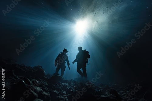 Moonlit Night Dive: Divers exploring the mysteries of the ocean under a moonlit sky.