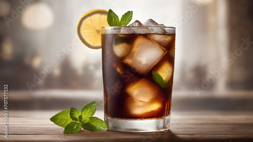 Fresh made Cuba Libre with brown rum  cola  mint and lemon on wooden background