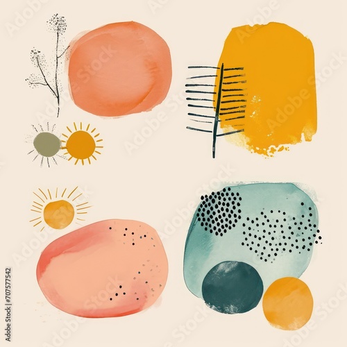 Set of Boho-style doodles art with design elements in orange, yellow, blue, and pastel hues.
