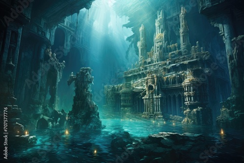 Lost City of Lemuria: An artistic interpretation of the mythical lost city beneath the waves.