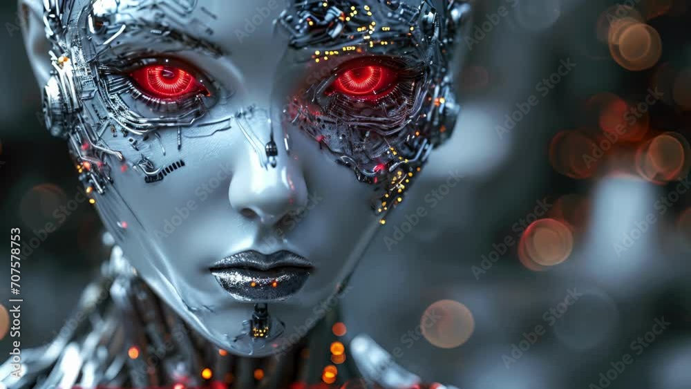 A digital cyborg woman with glowing red eyes and metallic silver lips, her skin adorned with intricate silver and gold circuit designs.