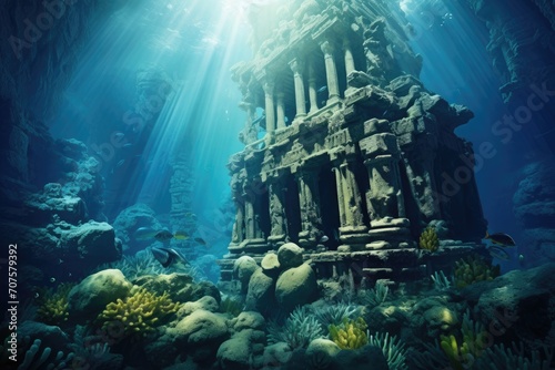 Ancient Submerged City: Ruins of an ancient civilization beneath the waves. © OhmArt
