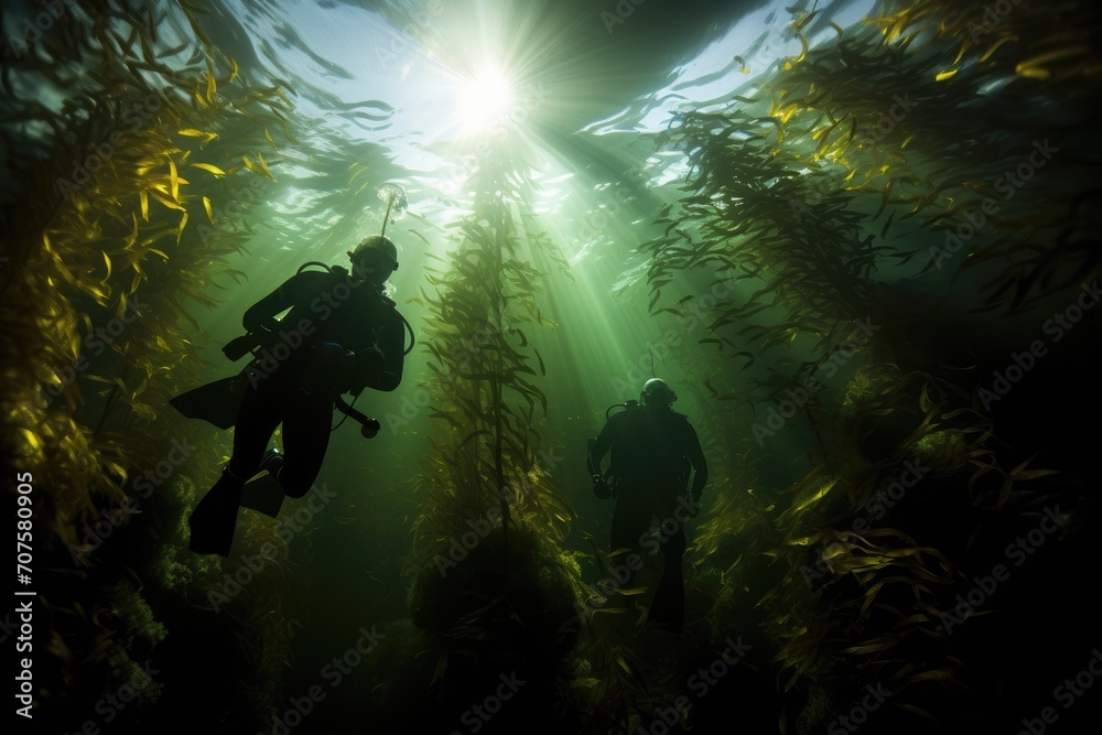 Kelp Forest Canopy: Divers swimming beneath a dense canopy of kelp. Kelp Forest Canopy: Divers swimming beneath a dense canopy of kelp.