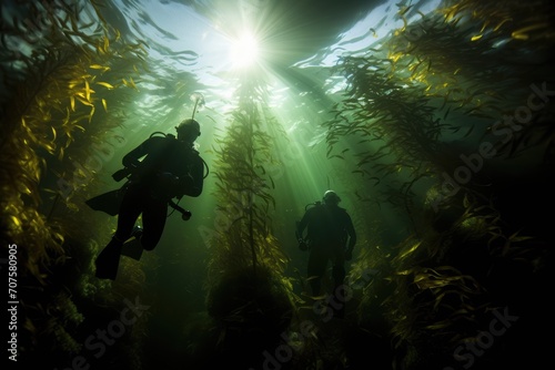 Kelp Forest Canopy: Divers swimming beneath a dense canopy of kelp. © OhmArt