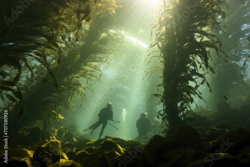 Kelp Forest Canopy  Divers swimming beneath a dense canopy of kelp.