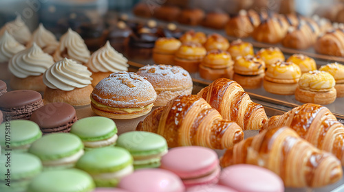 Photography series featuring various types of pastries, from flaky croissants to colorful macarons, displayed in an inviting pastry shop Generative AI