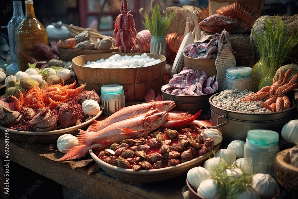 Seafood Market: Marine life gathered around a market showcasing seafood.