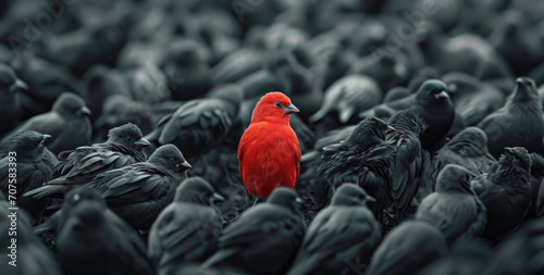 red bird stands alone in the middle of a mass of birds