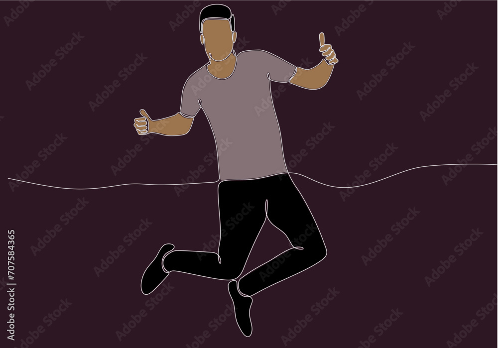 Continuous line drawing of man jumping for happiness. Vector illustration