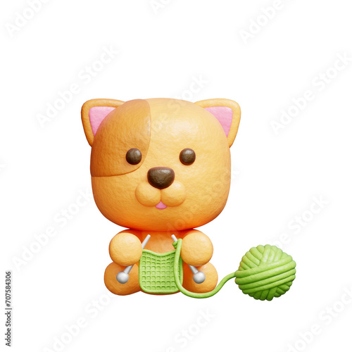 3D cute dog knitting, Cartoon animal character, 3D rendering.