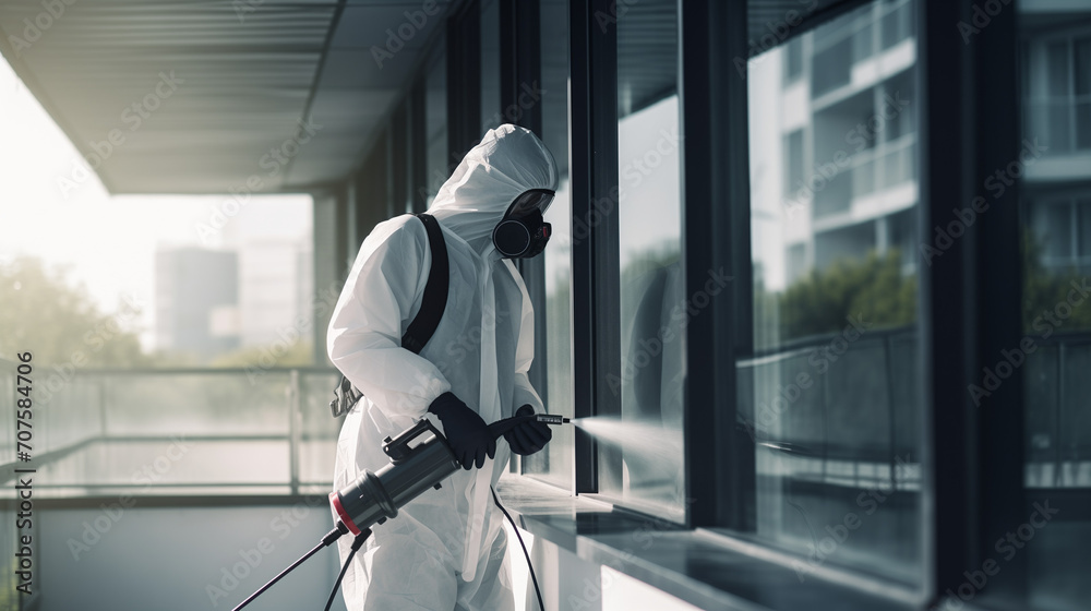 Man in protective suit and face mask spraying for disinfection