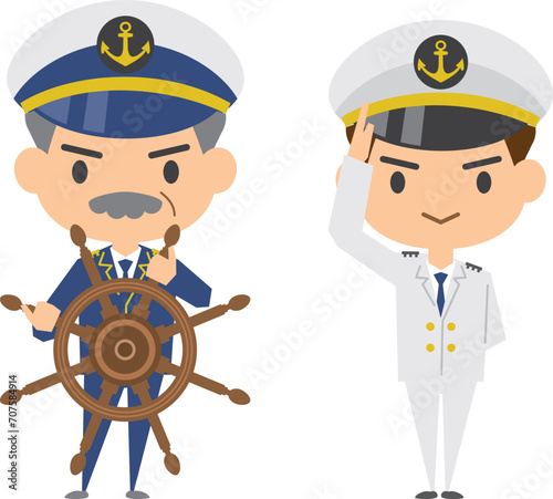 舵を取る船長と船員のイメージイラストセット