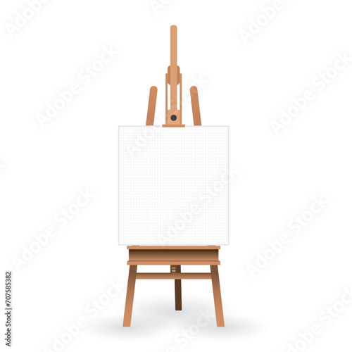 Wooden easel with mock up blank Canvas isolated flat design vector illustration on white background.
