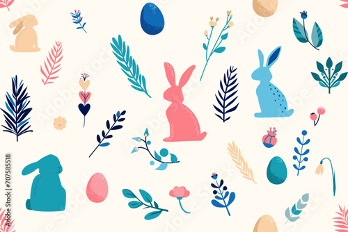 Seamless pattern on the Easter theme. Vector minimalistic illustration of bunnies, flowers, twigs and eggs. Suitable for textiles and packaging paper.