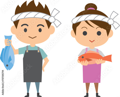 魚を持っている鮮魚店員のイメージイラスト（男女セット）