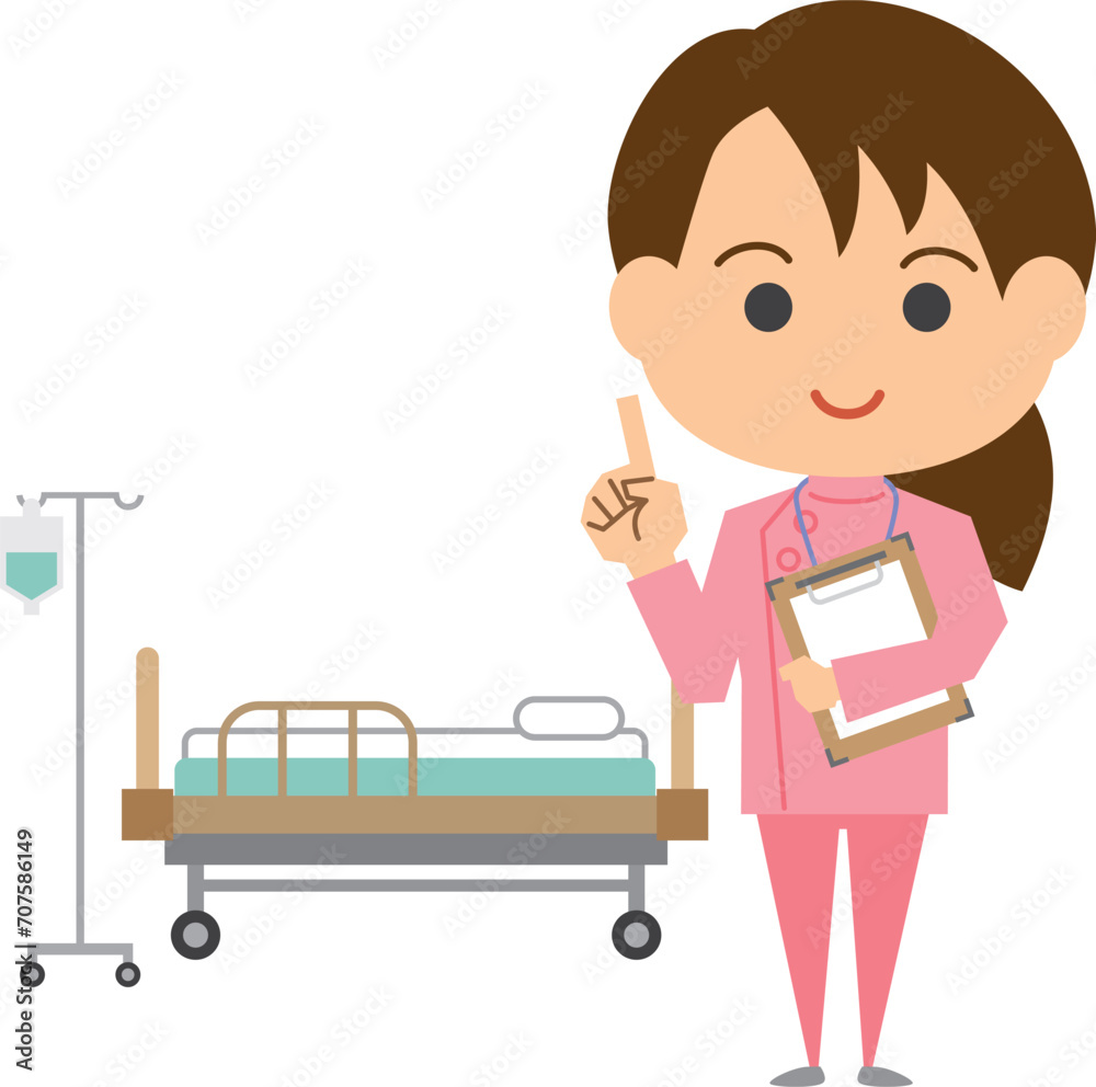 病床の前に立つ女性看護師のイメージイラスト