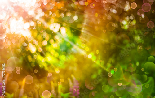 Blurred green background with bokeh lights and sun rays. Abstract nature background.
