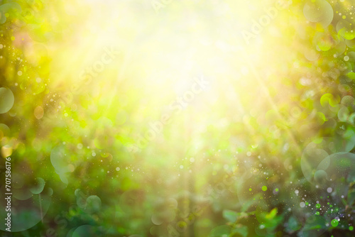 Beautiful green bokeh nature background with sun rays and lens flares