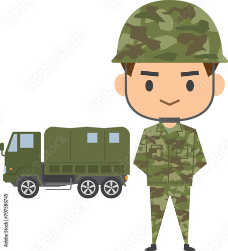 男性自衛隊員とトラックのイメージイラスト