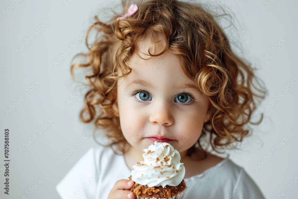 Adorable little girl with curly hair holding a cupcake with whipped cream. Adorable little girl with curly hair holding a cupcake with whipped cream.