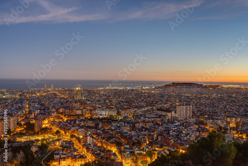The skyline of Barcelona in Spain after sunset