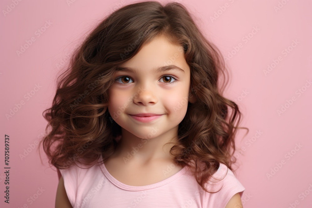 Portrait of a beautiful little girl with long curly hair on a pink background Portrait of a beautiful little girl with long curly hair on a pink background