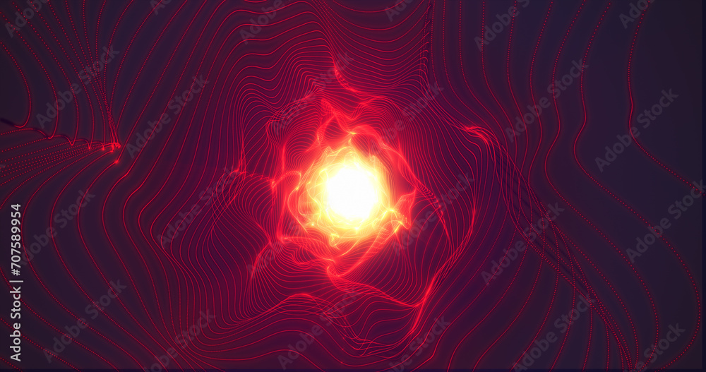 Obraz premium Abstract red orange energy tunnel made of lines and dots of particles, tunnel glowing shiny futuristic hi-tech, abstract background